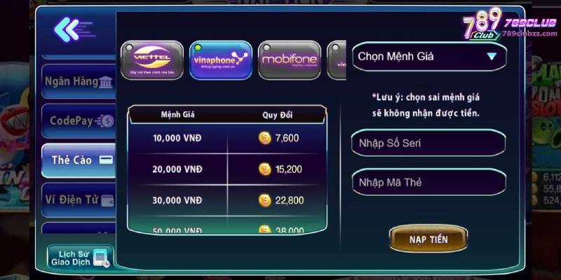 Nạp tiền 789Club qua thẻ cào